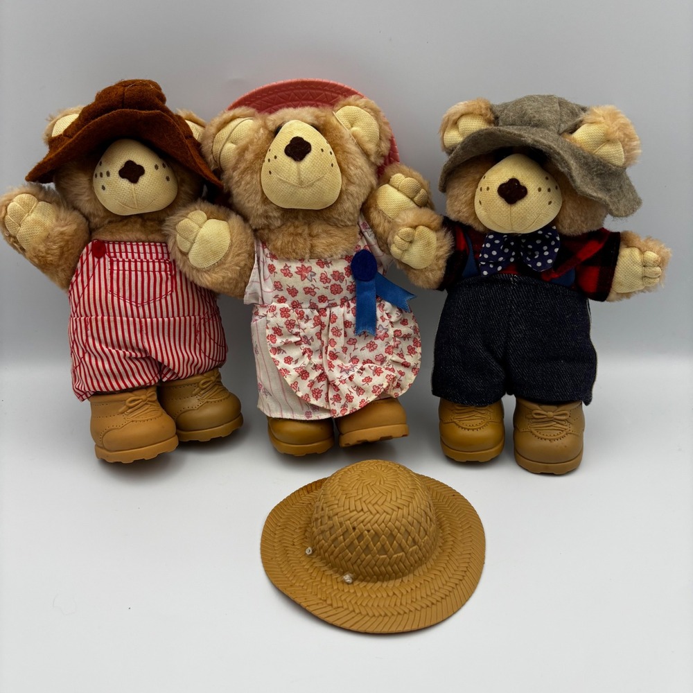 Vintage 1980s Dakin Teddy Bear Plush Trio Country Outfits Boots Hats Set of 3